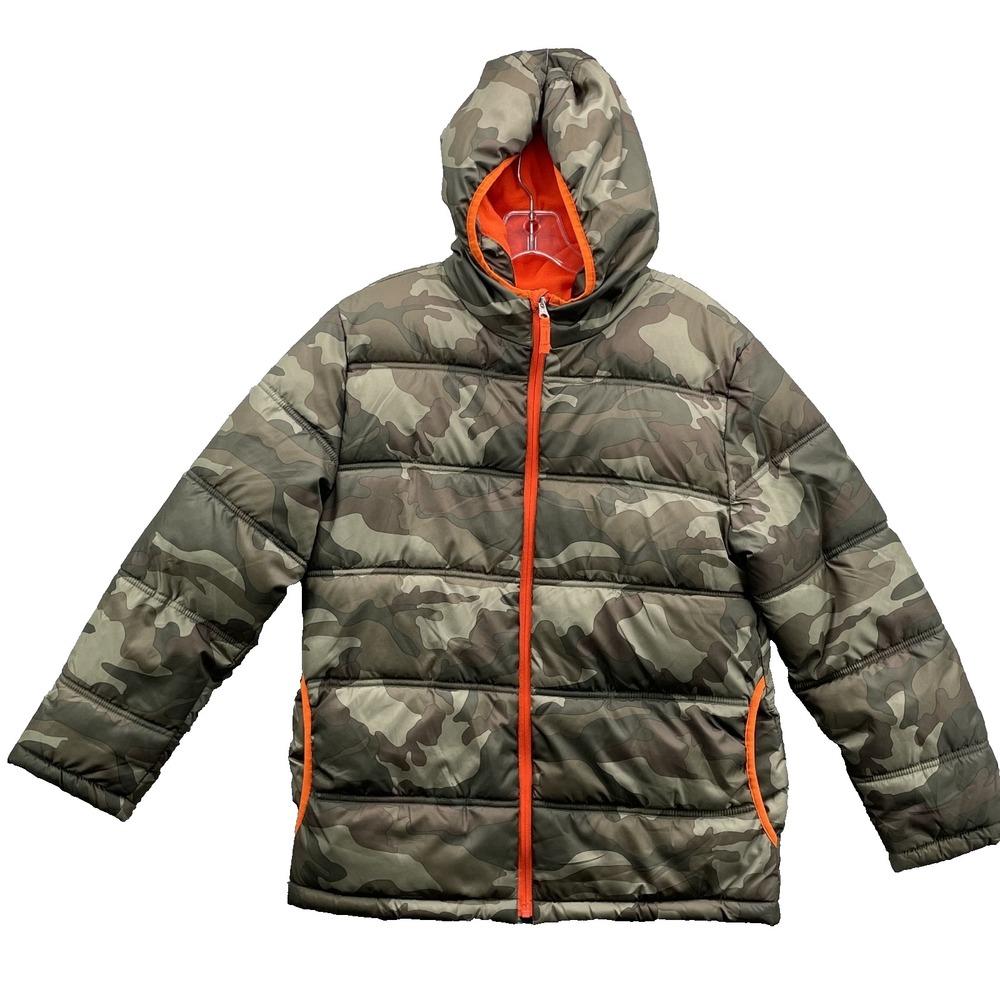 Faded Glory Puffer Jacket Boys XL Camo Green Orange Lined Hooded Outdoor Camping